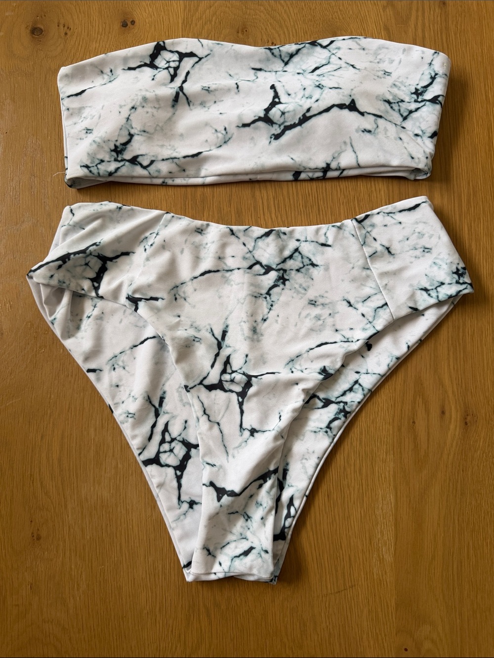 Zaful White Marble Print Bandeau Bikini Set